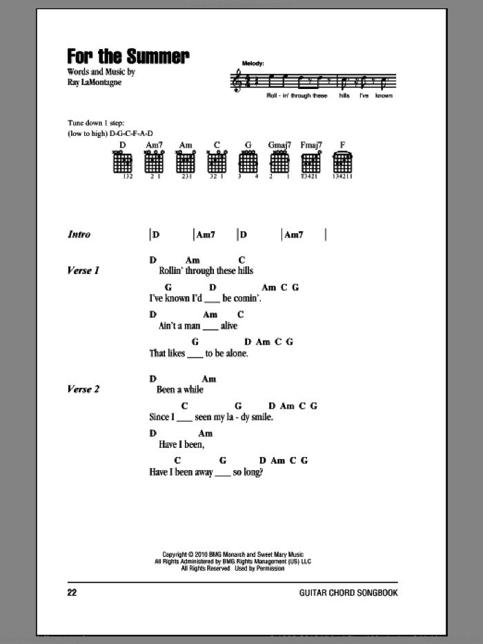 For The Summer sheet music for guitar (chords) by Ray LaMontagne, intermediate skill level
