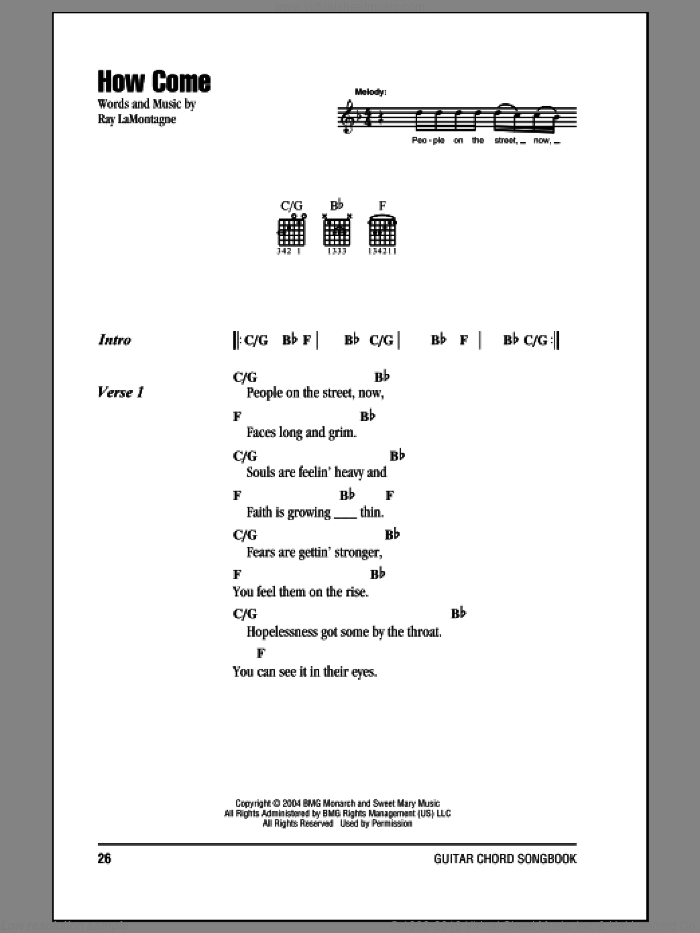 How Come sheet music for guitar (chords) by Ray LaMontagne, intermediate skill level