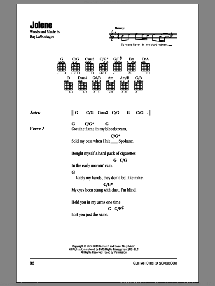 Jolene sheet music for guitar (chords) by Ray LaMontagne, intermediate skill level