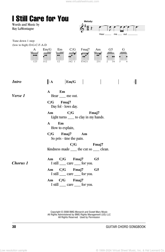 I Still Care For You sheet music for guitar (chords) by Ray LaMontagne, intermediate skill level