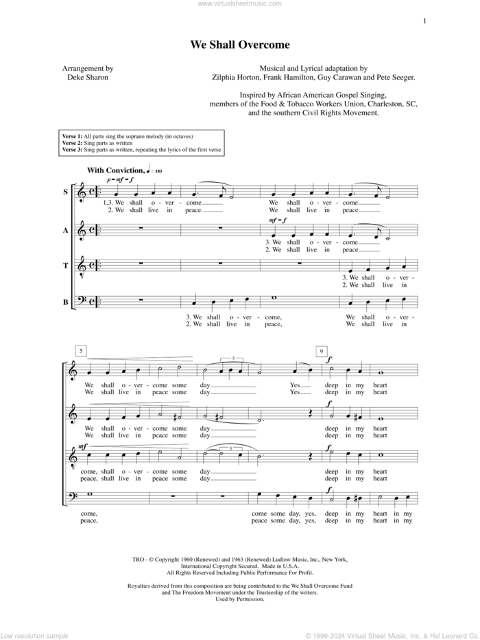 We Shall Overcome sheet music for choir (SATB: soprano, alto, tenor, bass) by Deke Sharon, Anne Raugh, Frank Hamilton, Guy Carawan, Pete Seeger and Zilphia Horton, intermediate skill level