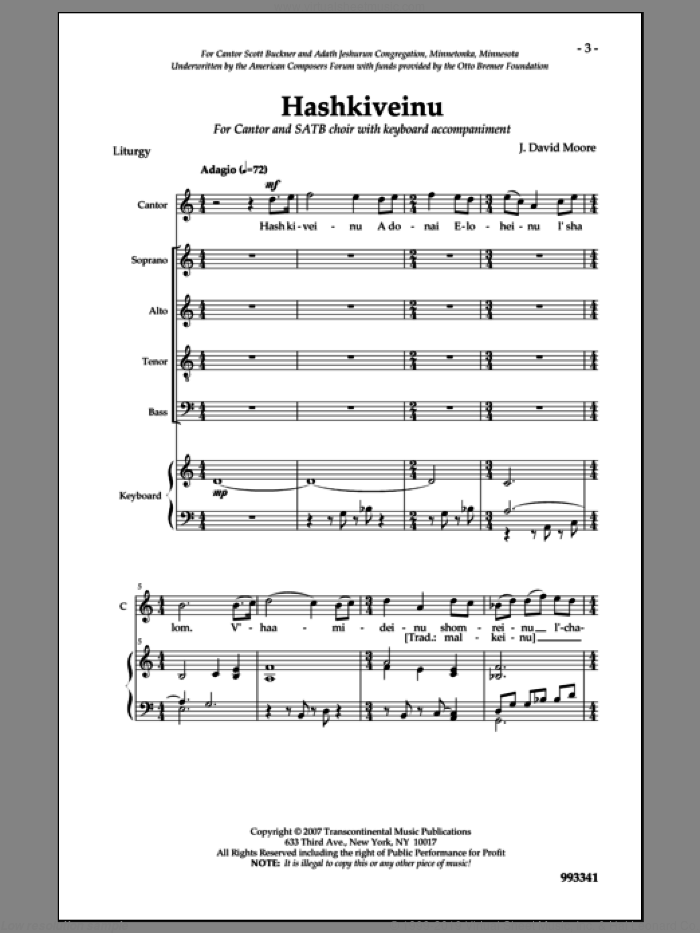 Hashkiveinu sheet music for choir (SATB: soprano, alto, tenor, bass) by J. David Moore, intermediate skill level