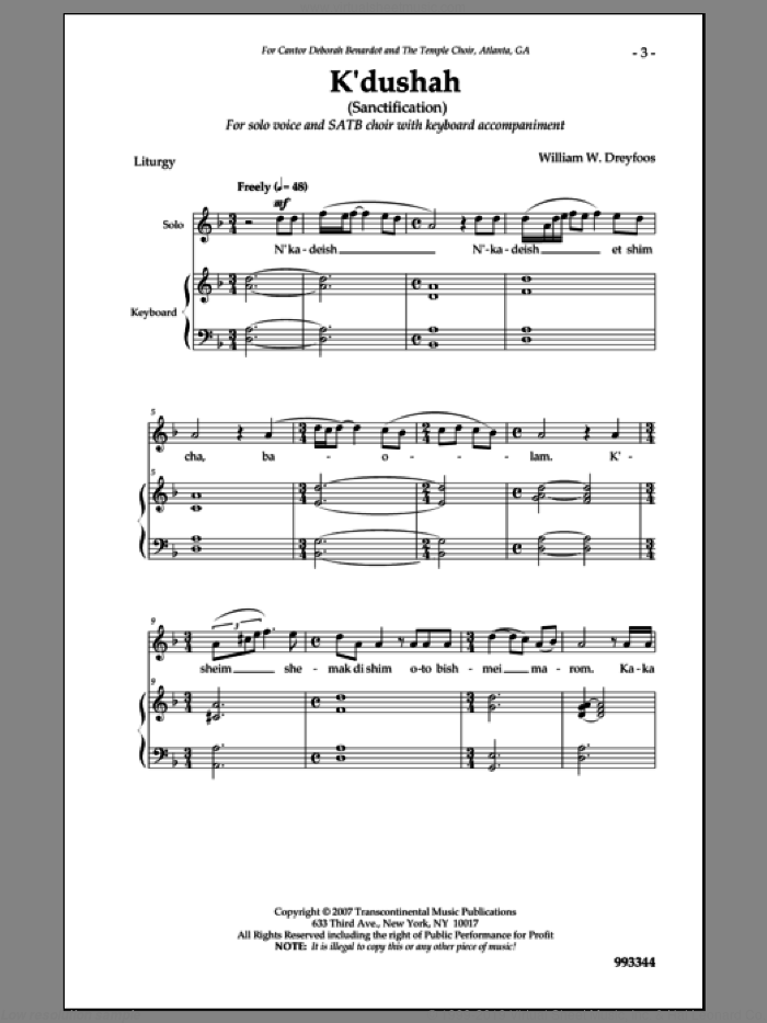 K'dushah sheet music for choir (SATB: soprano, alto, tenor, bass) by William Dreyfoos, intermediate skill level