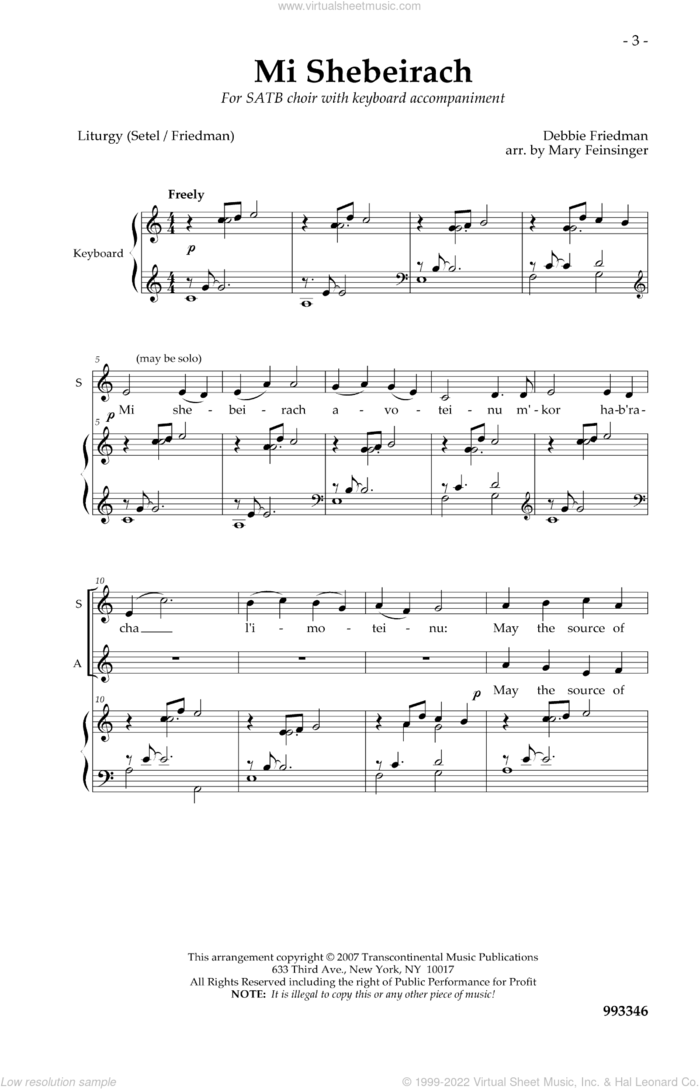 Mi Shebeirach sheet music for choir (SATB: soprano, alto, tenor, bass) by Debbie Friedman and Mary Feinsinger, intermediate skill level