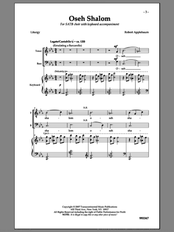 Oseh Shalom sheet music for choir (SATB: soprano, alto, tenor, bass) by Robert Applebaum, intermediate skill level