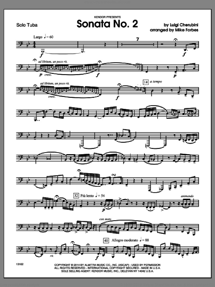 Sonata No. 2 (complete set of parts) sheet music for tuba and piano by Michael Forbes and Cherubini, classical score, intermediate skill level