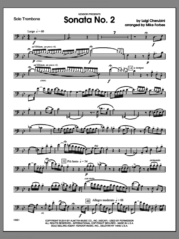 Sonata No. 2 (complete set of parts) sheet music for trombone and piano by Michael Forbes and Cherubini/ Forbes, classical score, intermediate skill level