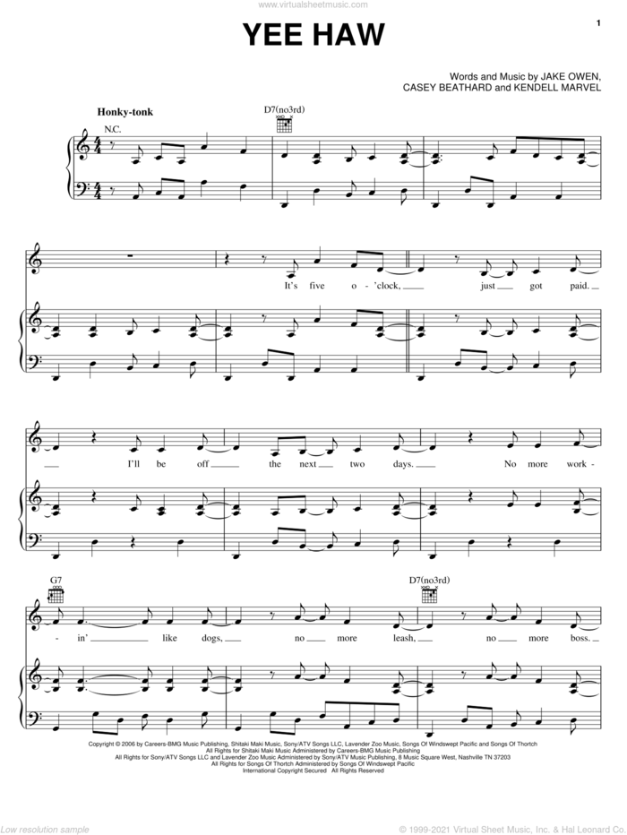 Yee Haw sheet music for voice, piano or guitar by Jake Owen, Casey Beathard and Kendell Marvell, intermediate skill level