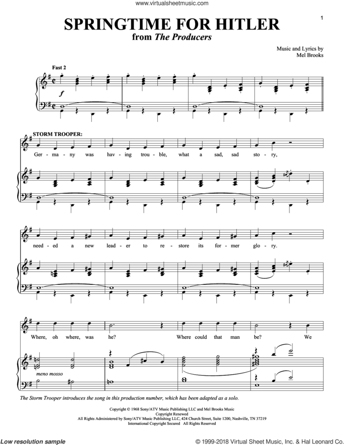 Springtime For Hitler sheet music for voice and piano by Mel Brooks and Richard Walters, intermediate skill level
