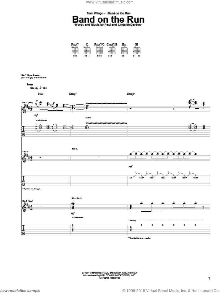 Band On The Run sheet music for guitar (tablature) by Paul McCartney, Paul McCartney and Wings and Linda McCartney, intermediate skill level