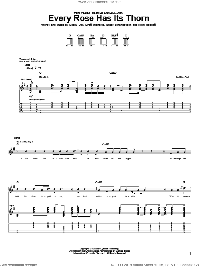 Every Rose Has Its Thorn sheet music for guitar (tablature) by Poison, Bobby Dall, Brett Michaels, Bruce Anthony Johannesson and Rikki Rockett, intermediate skill level
