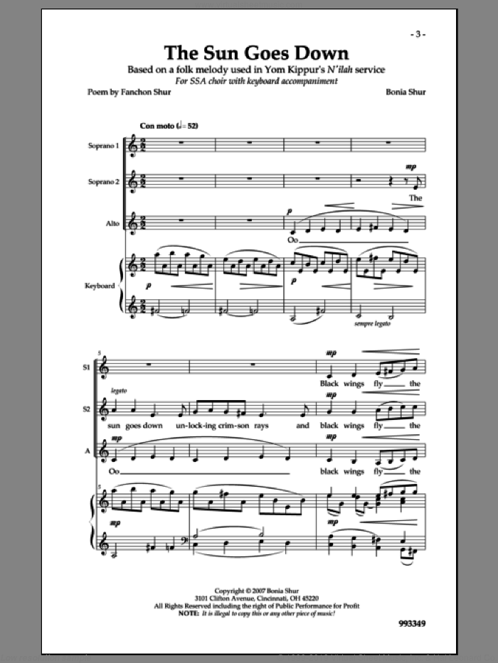 The Sun Goes Down sheet music for choir (SSA: soprano, alto) by Bonia Shur, intermediate skill level
