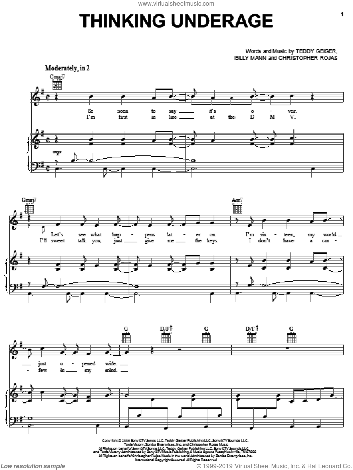 Thinking Underage sheet music for voice, piano or guitar by Teddy Geiger, Billy Mann and Christopher Rojas, intermediate skill level