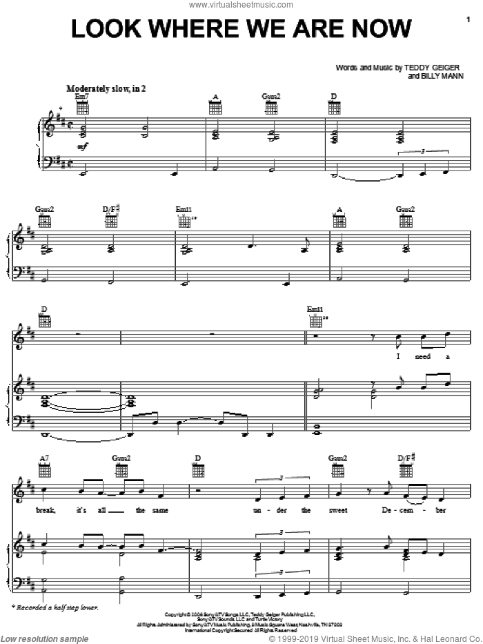 Look Where We Are Now sheet music for voice, piano or guitar by Teddy Geiger and Billy Mann, intermediate skill level
