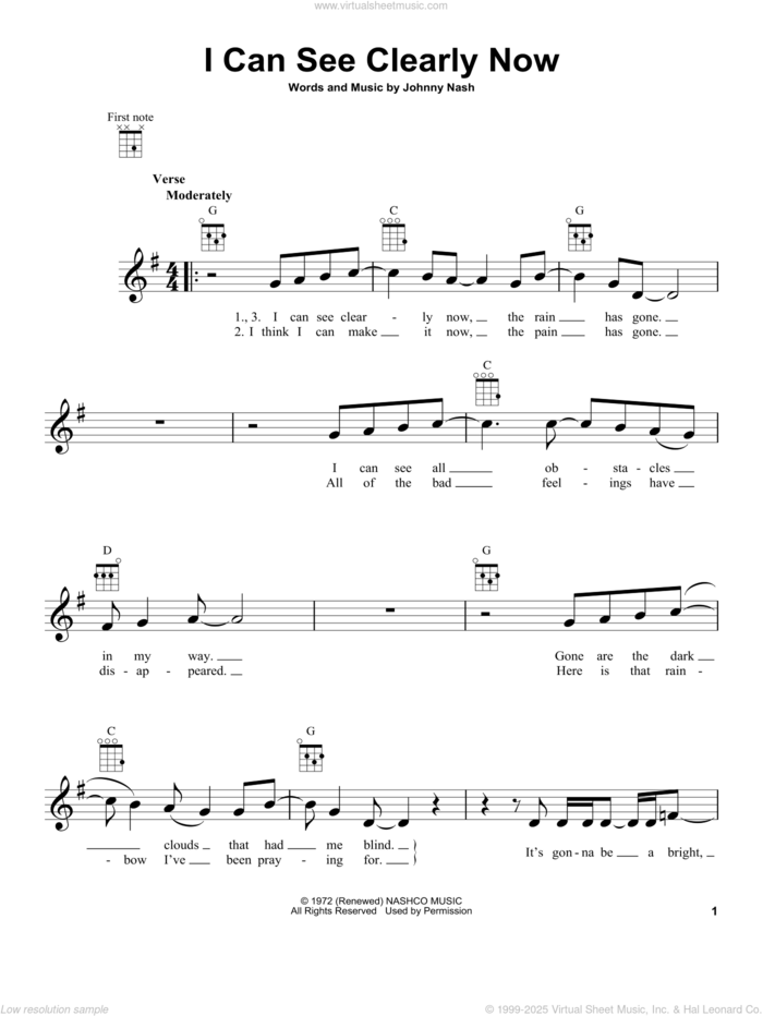 I Can See Clearly Now sheet music for ukulele by Johnny Nash and Jimmy Cliff, intermediate skill level