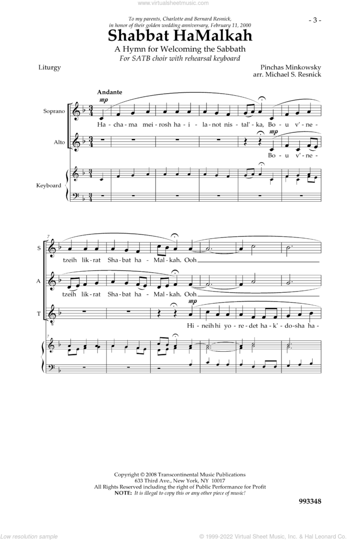 Shabbat Hamalka sheet music for choir (SATB: soprano, alto, tenor, bass) by Pinchas Minkowsky and Michael Resnick, intermediate skill level