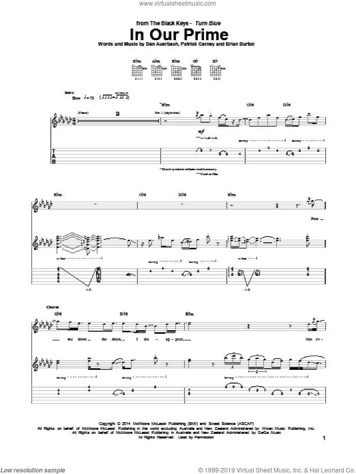 In Our Prime sheet music for guitar (tablature) by The Black Keys, Brian Burton, Daniel Auerbach and Patrick Carney, intermediate skill level