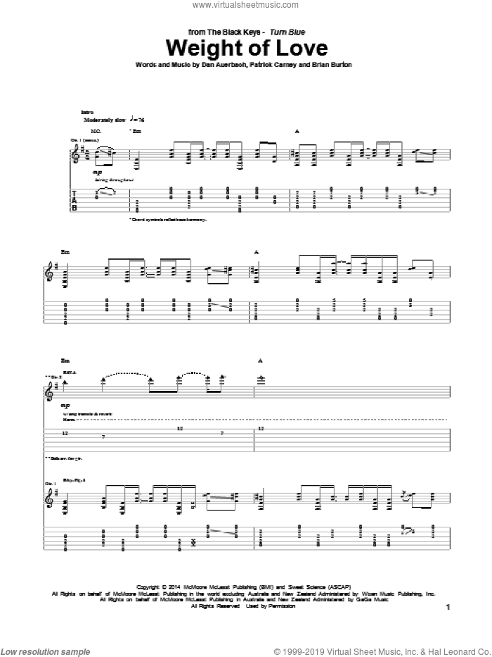 Weight Of Love sheet music for guitar (tablature) by The Black Keys, Brian Burton, Daniel Auerbach and Patrick Carney, intermediate skill level
