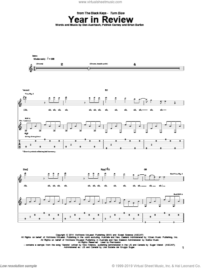 Year In Review sheet music for guitar (tablature) by The Black Keys, Brian Burton, Daniel Auerbach and Patrick Carney, intermediate skill level