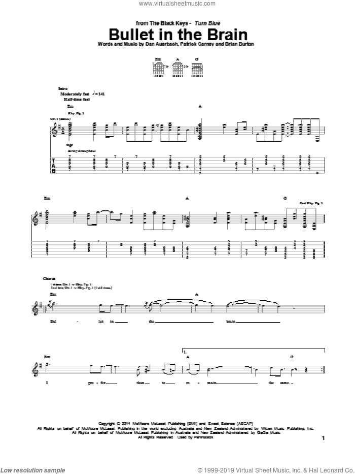 Bullet In The Brain sheet music for guitar (tablature) by The Black Keys, Brian Burton, Daniel Auerbach and Patrick Carney, intermediate skill level