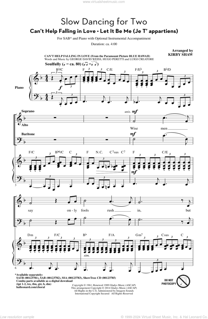 Can't Help Falling In Love sheet music for choir (SAB: soprano, alto, bass) by George David Weiss, Kirby Shaw, Elvis Presley, Gilbert Becaud, Mann Curtis, Pierre Delanoe, UB40, Hugo Peretti and Luigi Creatore, wedding score, intermediate skill level