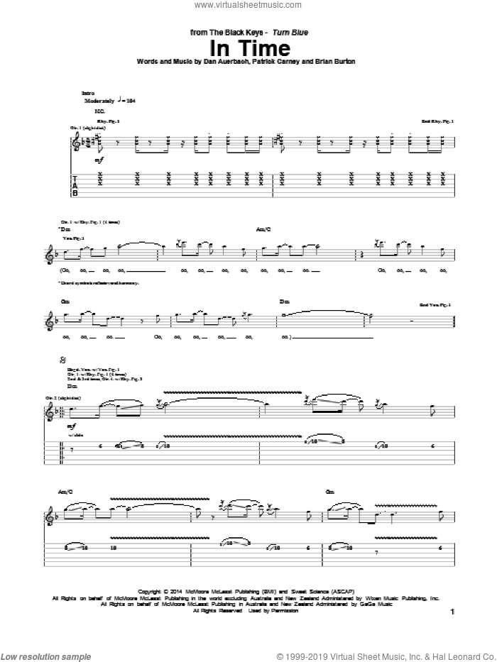In Time sheet music for guitar (tablature) by The Black Keys, Brian Burton, Daniel Auerbach and Patrick Carney, intermediate skill level
