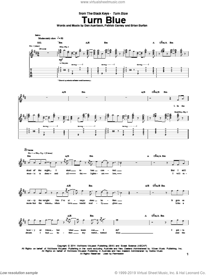 Turn Blue sheet music for guitar (tablature) by The Black Keys, Brian Burton, Daniel Auerbach and Patrick Carney, intermediate skill level