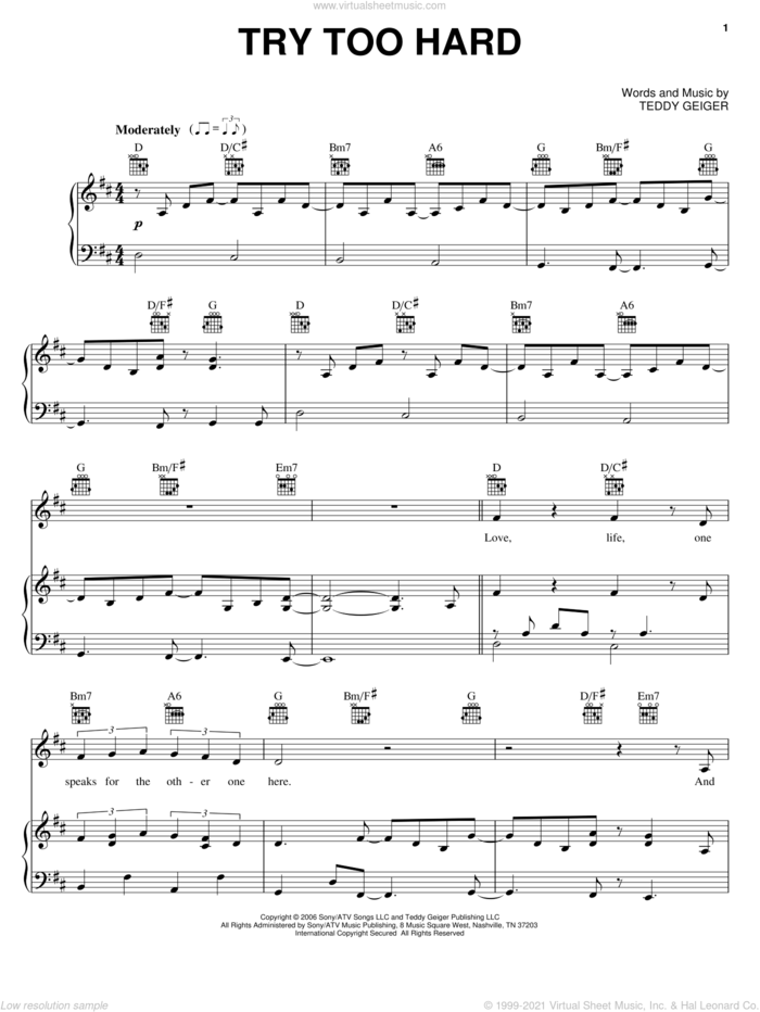 Try Too Hard sheet music for voice, piano or guitar by Teddy Geiger, intermediate skill level