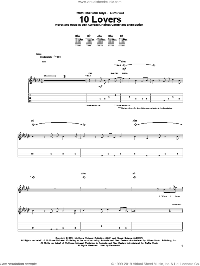 10 Lovers sheet music for guitar (tablature) by The Black Keys, Brian Burton, Daniel Auerbach and Patrick Carney, intermediate skill level