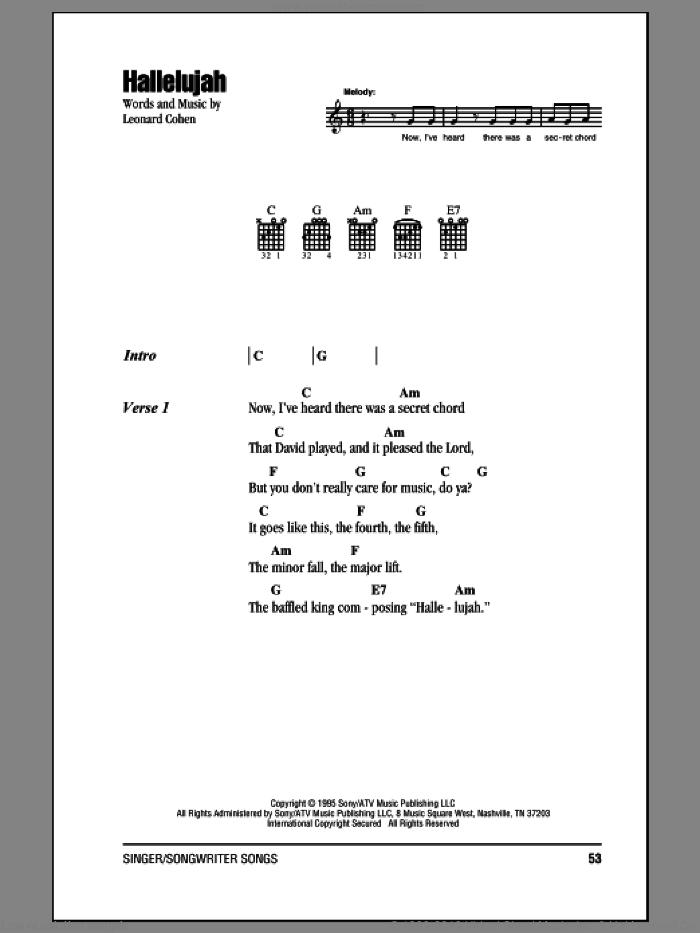 Hallelujah sheet music for guitar (chords) by Leonard Cohen, Justin Timberlake & Matt Morris featuring Charlie Sexton and Lee DeWyze, intermediate skill level