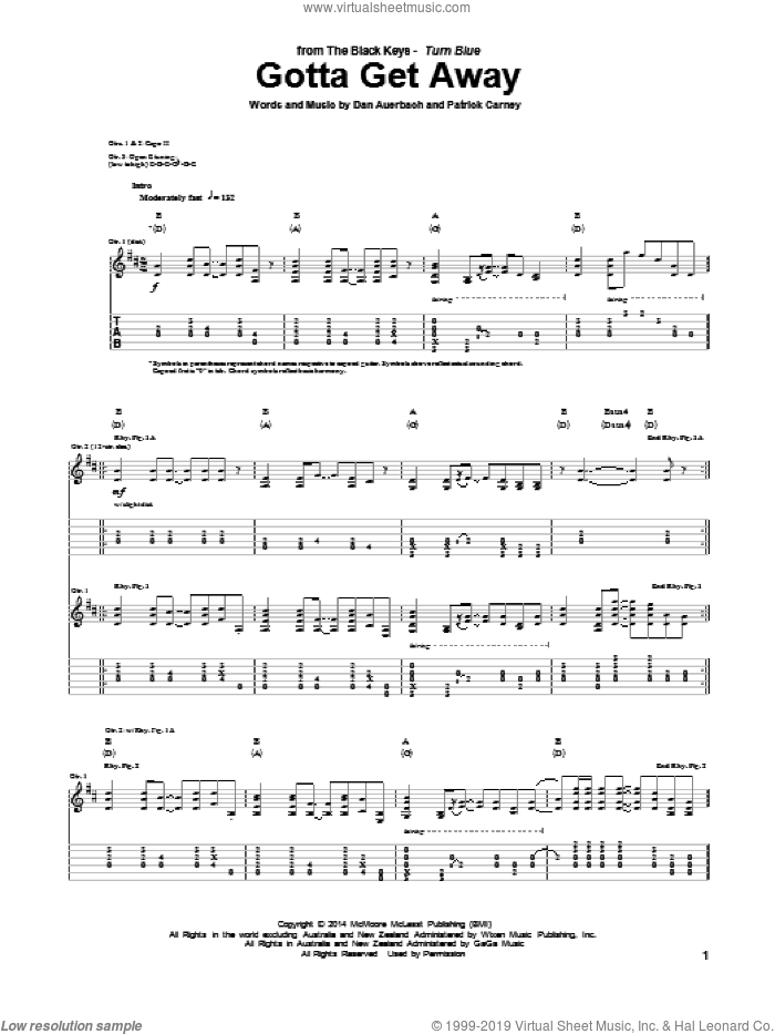 Gotta Get Away sheet music for guitar (tablature) by The Black Keys, Daniel Auerbach and Patrick Carney, intermediate skill level