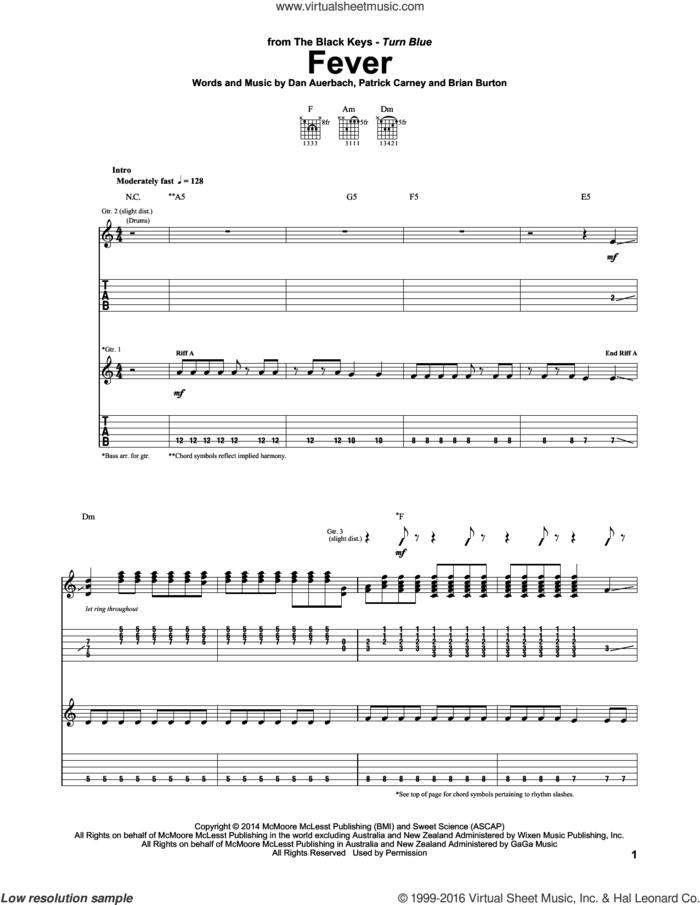 Fever sheet music for guitar (tablature) by The Black Keys, Brian Burton, Daniel Auerbach and Patrick Carney, intermediate skill level