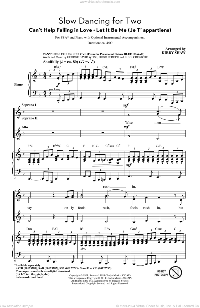 Can't Help Falling In Love sheet music for choir (SSA: soprano, alto) by Hugo Peretti, Kirby Shaw, Elvis Presley, Gilbert Becaud, Mann Curtis, Pierre Delanoe, UB40 and Luigi Creatore, wedding score, intermediate skill level