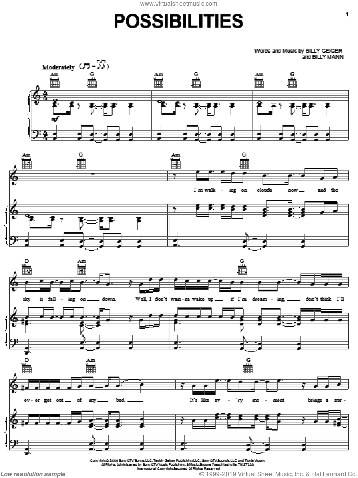 Possibilities sheet music for voice, piano or guitar by Teddy Geiger and Billy Mann, intermediate skill level