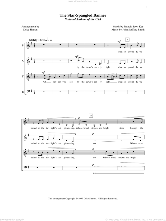 The Star-Spangled Banner sheet music for choir (SATB: soprano, alto, tenor, bass) by Deke Sharon, Anne Raugh, Francis Scott Key and John Stafford Smith, intermediate skill level