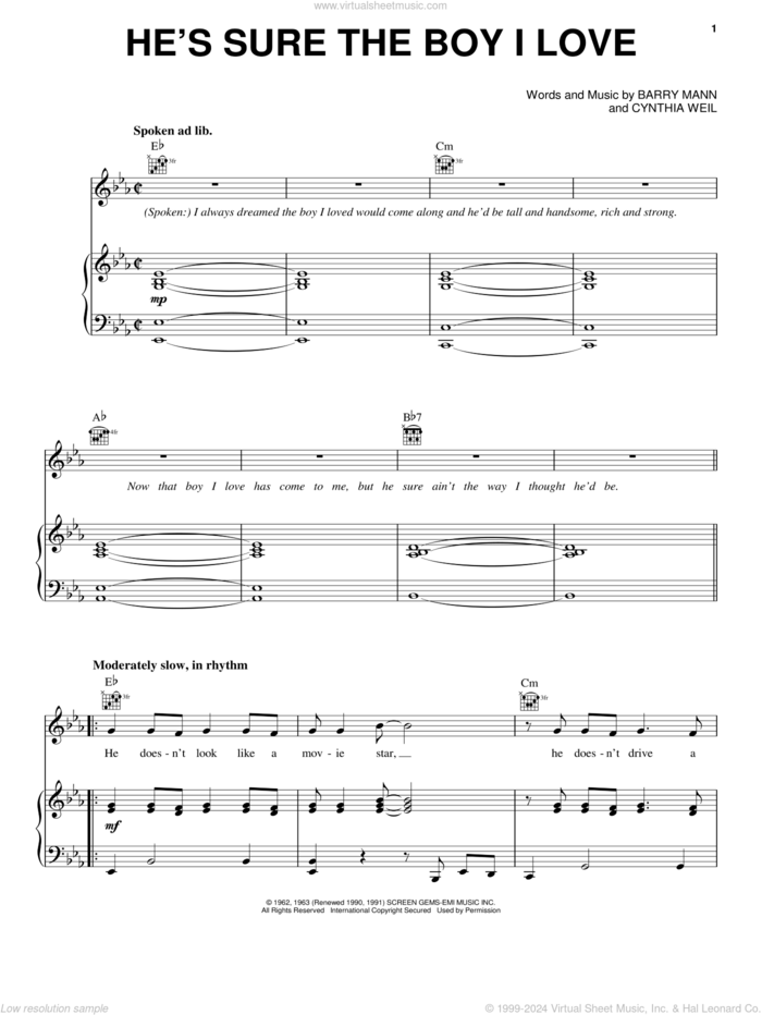 He's Sure The Boy I Love sheet music for voice, piano or guitar by Carole King, The Crystals, Barry Mann and Cynthia Weil, intermediate skill level