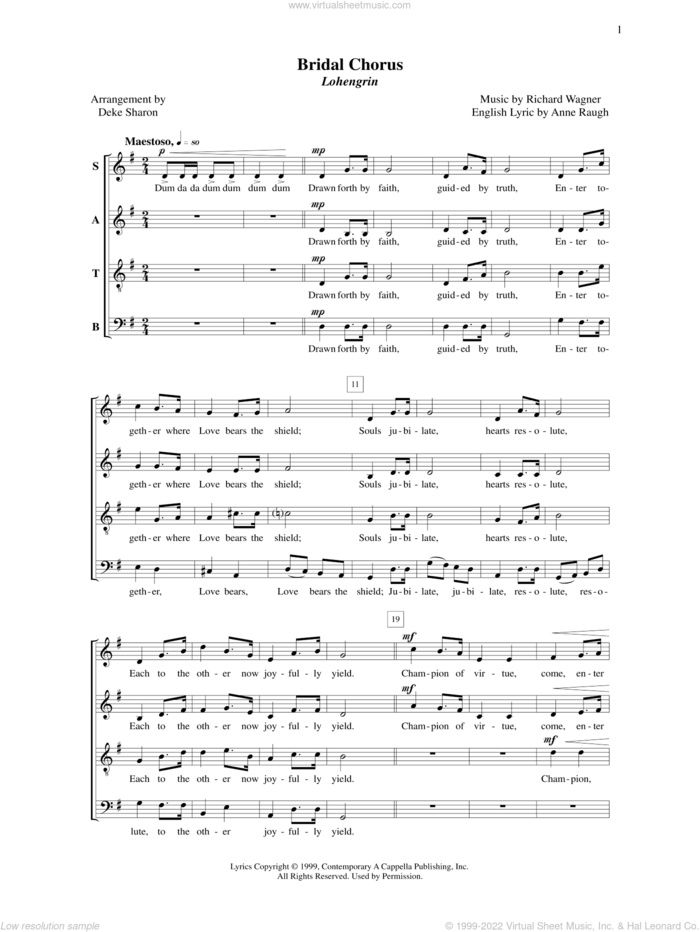 Bridal Chorus from 'Lohengrin' sheet music for choir (SATB: soprano, alto, tenor, bass) by Anne Raugh, Deke Sharon and Richard Wagner, wedding score, intermediate skill level