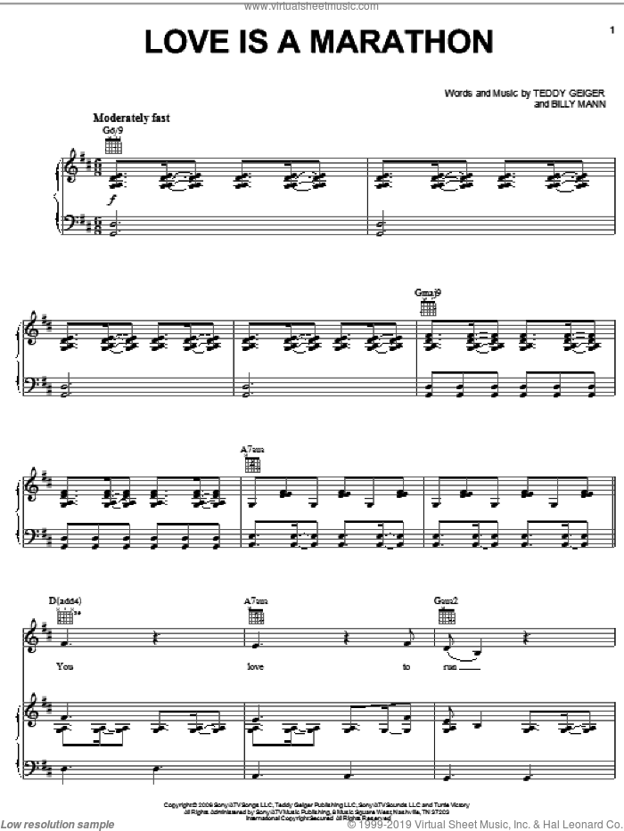 Love Is A Marathon sheet music for voice, piano or guitar by Teddy Geiger and Billy Mann, intermediate skill level