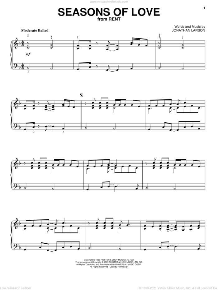 Seasons Of Love (from Rent), (intermediate) sheet music for piano solo by Jonathan Larson and Rent (Musical), wedding score, intermediate skill level