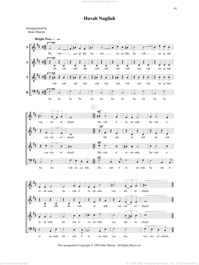 Havah Nagila sheet music for choir (SATB: soprano, alto, tenor, bass) by Deke Sharon and Anne Raugh, intermediate skill level