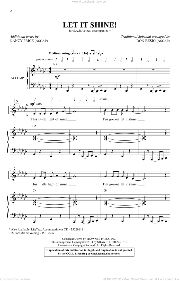 Let It Shine sheet music for choir (SAB: soprano, alto, bass) by Nancy Price and Don Besig, intermediate skill level