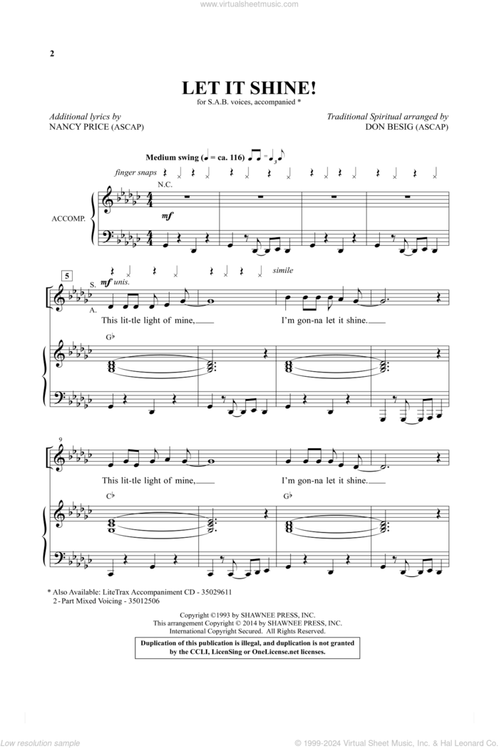 Let It Shine sheet music for choir (SAB: soprano, alto, bass) by Nancy Price and Don Besig, intermediate skill level