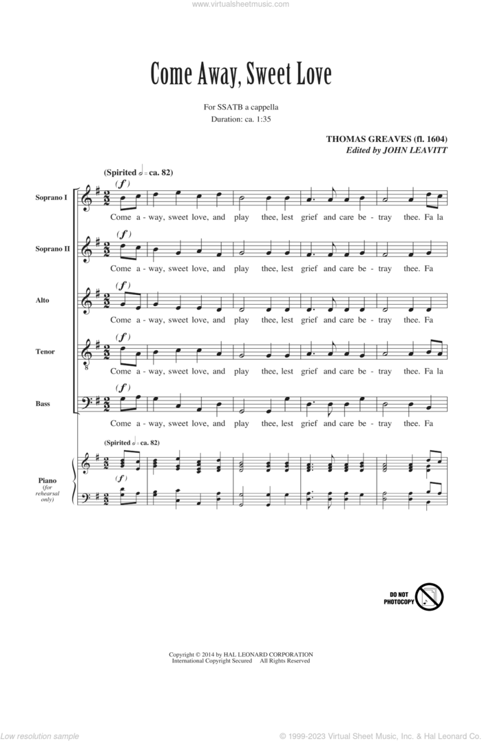 Come Away, Sweet Love sheet music for choir (SATB: soprano, alto, tenor, bass) by John Leavitt and Thomas Greaves, intermediate skill level