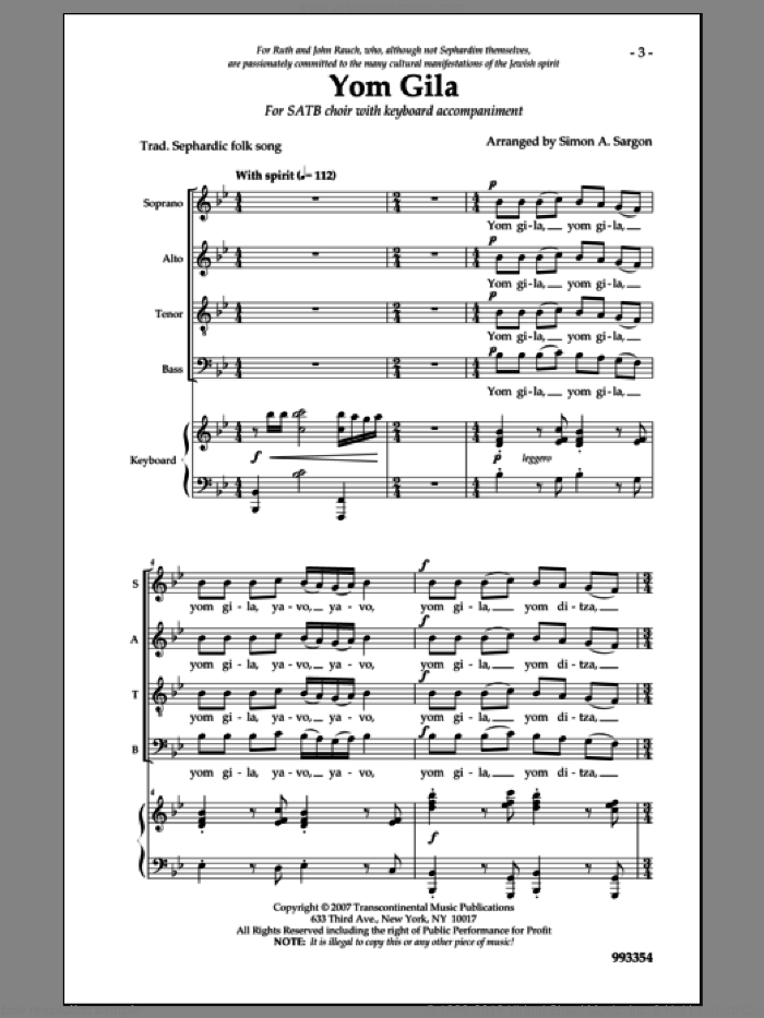 Yom Gila sheet music for choir (SATB: soprano, alto, tenor, bass) by Simon Sargon, intermediate skill level