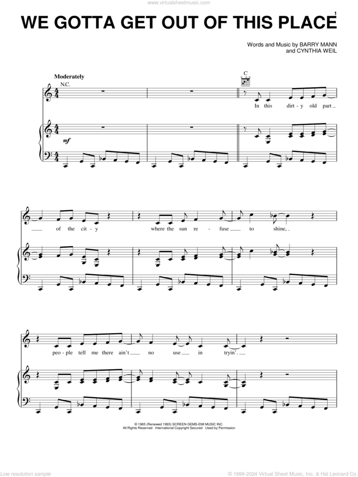 We Gotta Get Out Of This Place sheet music for voice, piano or guitar by Carole King, The Animals, Barry Mann and Cynthia Weil, intermediate skill level