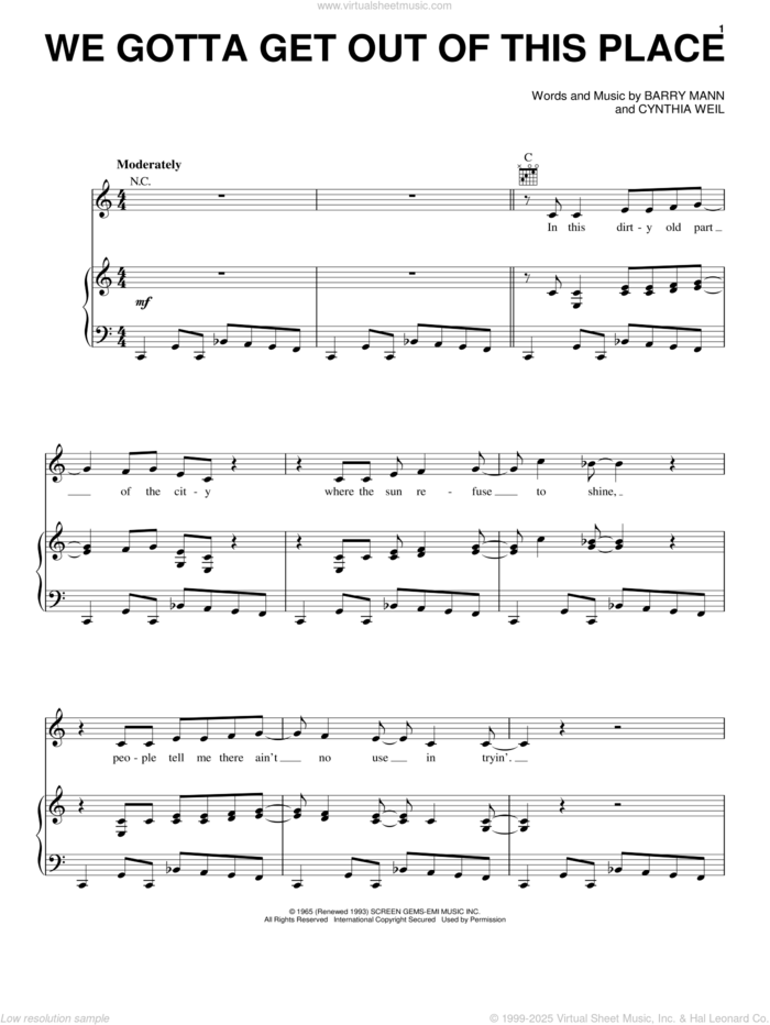 We Gotta Get Out Of This Place sheet music for voice, piano or guitar by Carole King, The Animals, Barry Mann and Cynthia Weil, intermediate skill level