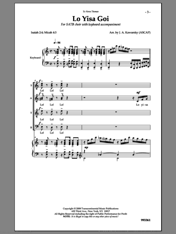 Lo Yisa Goi sheet music for choir (SATB: soprano, alto, tenor, bass) by J. A. Kawarsky, intermediate skill level