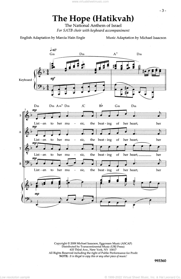 The Hope (Hatikvah) sheet music for choir (SATB: soprano, alto, tenor, bass) by Michael Isaacson, intermediate skill level