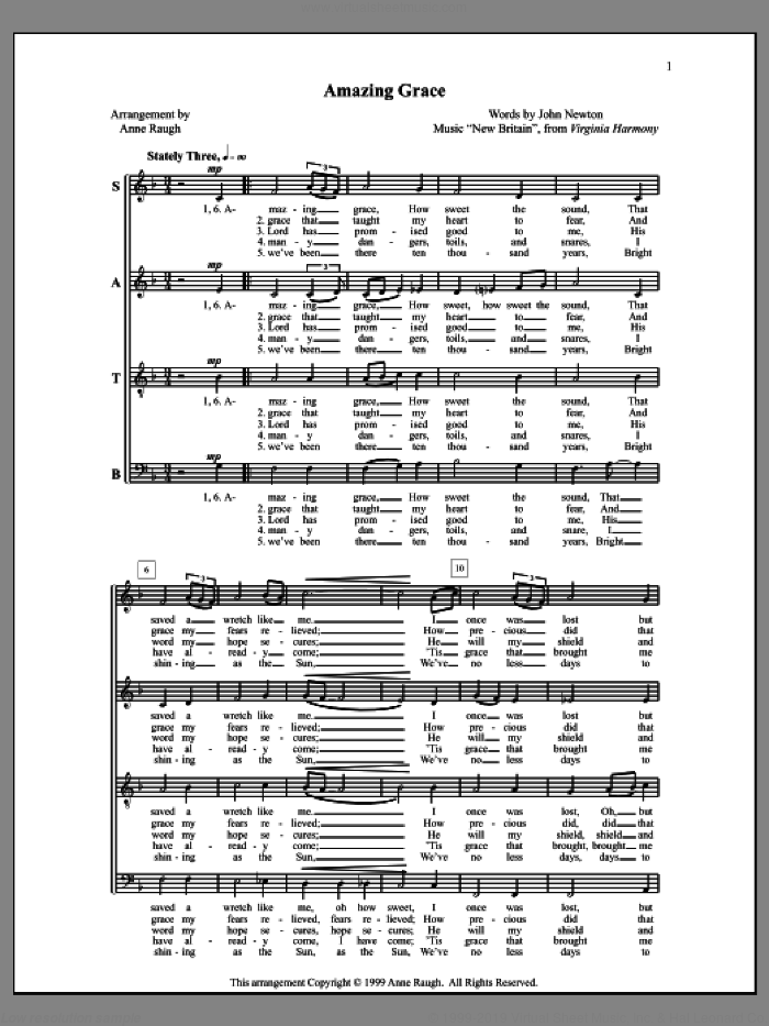 Amazing Grace sheet music for choir (SATB: soprano, alto, tenor, bass) by John Newton and Anne Raugh, classical score, intermediate skill level