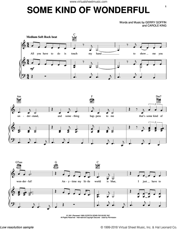 Some Kind Of Wonderful sheet music for voice, piano or guitar by Carole King and Gerry Goffin, intermediate skill level